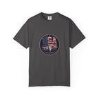 USA Skyline Flag T-Shirt — Patriotic Statue of Liberty Graphic Tee