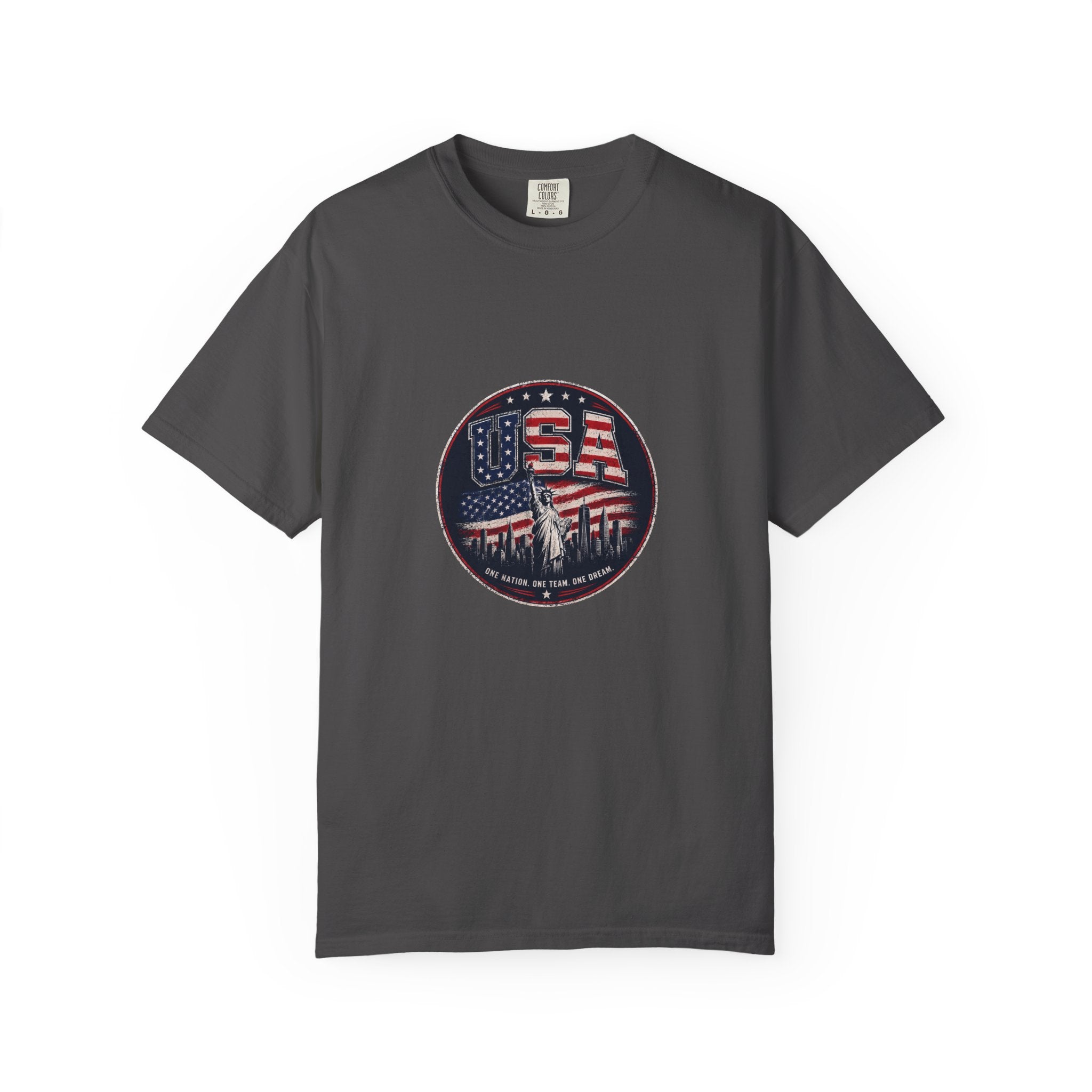 USA Skyline Flag T-Shirt — Patriotic Statue of Liberty Graphic Tee