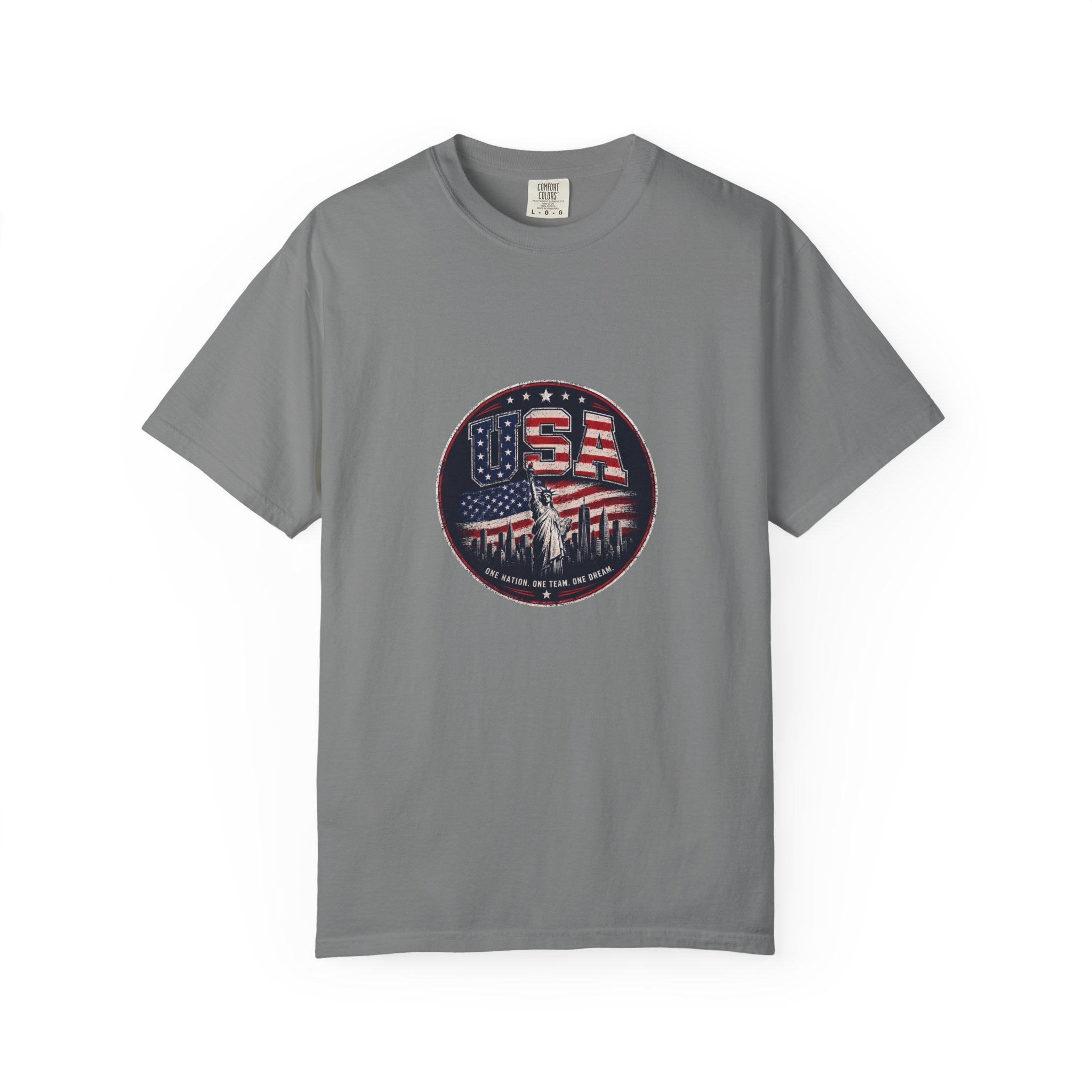 USA Skyline Flag T-Shirt — Patriotic Statue of Liberty Graphic Tee