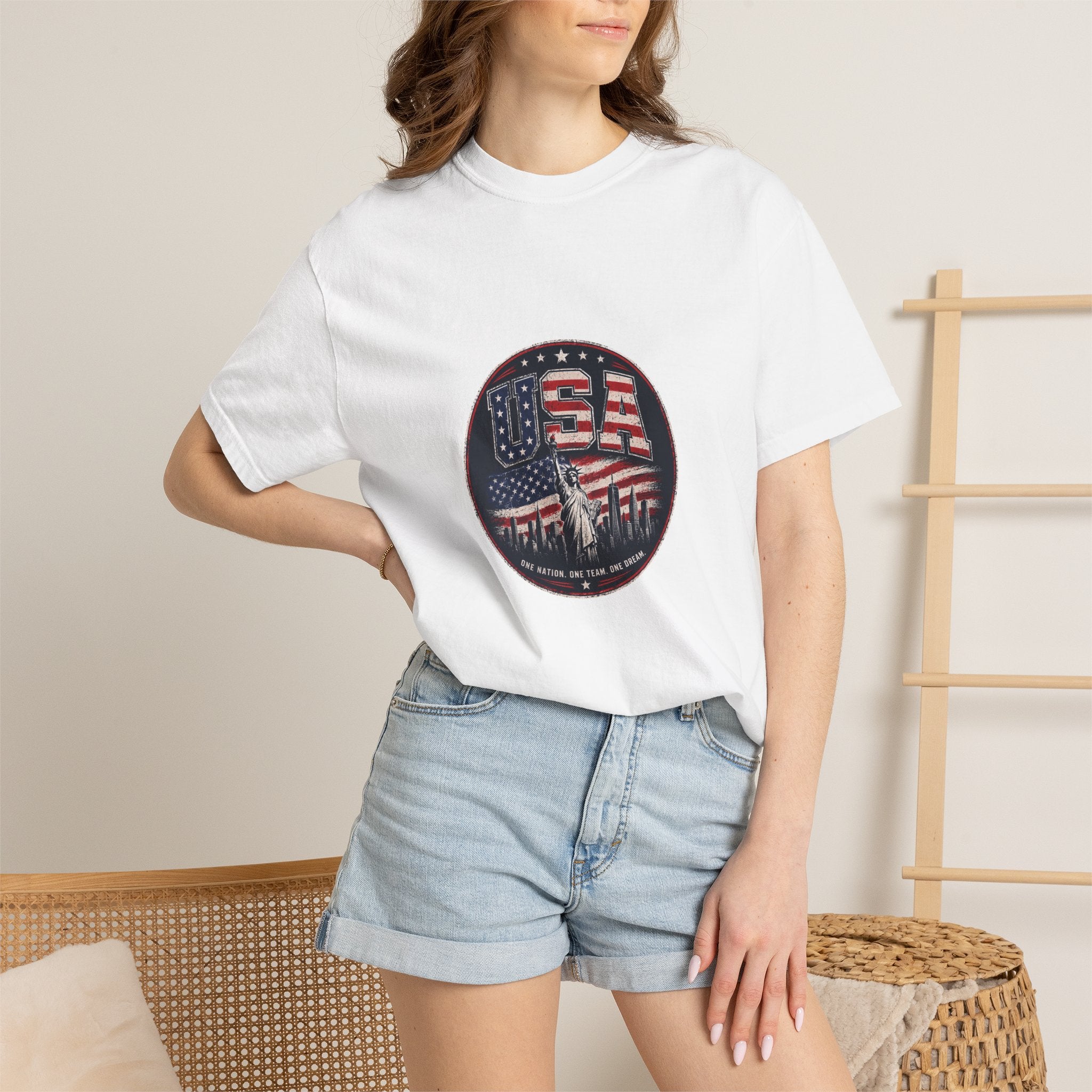 USA Skyline Flag T-Shirt — Patriotic Statue of Liberty Graphic Tee