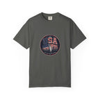 USA Skyline Flag T-Shirt — Patriotic Statue of Liberty Graphic Tee