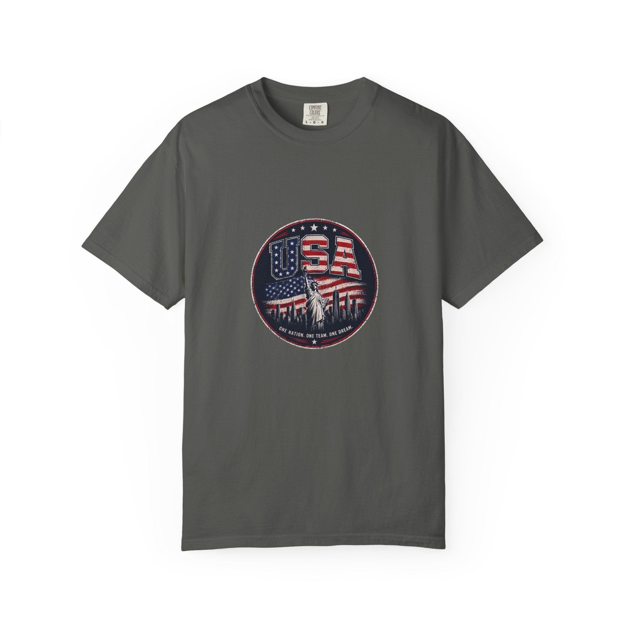 USA Skyline Flag T-Shirt — Patriotic Statue of Liberty Graphic Tee