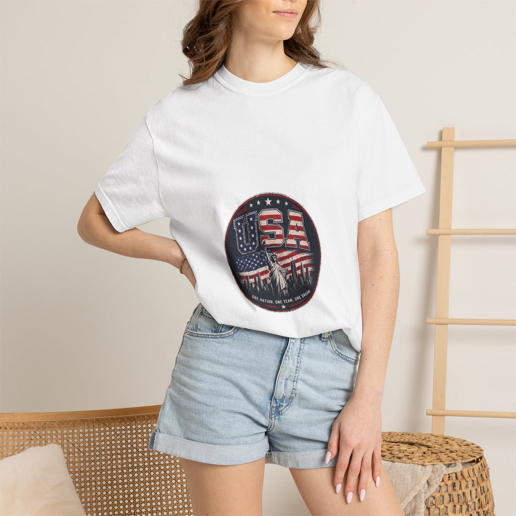 USA Skyline Flag T-Shirt — Patriotic Statue of Liberty Graphic Tee