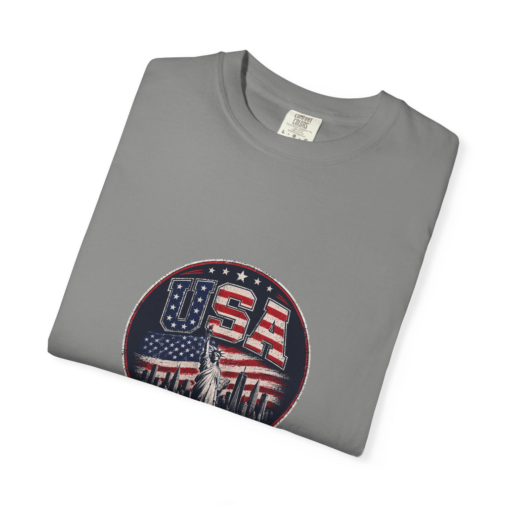 USA Skyline Flag T-Shirt — Patriotic Statue of Liberty Graphic Tee