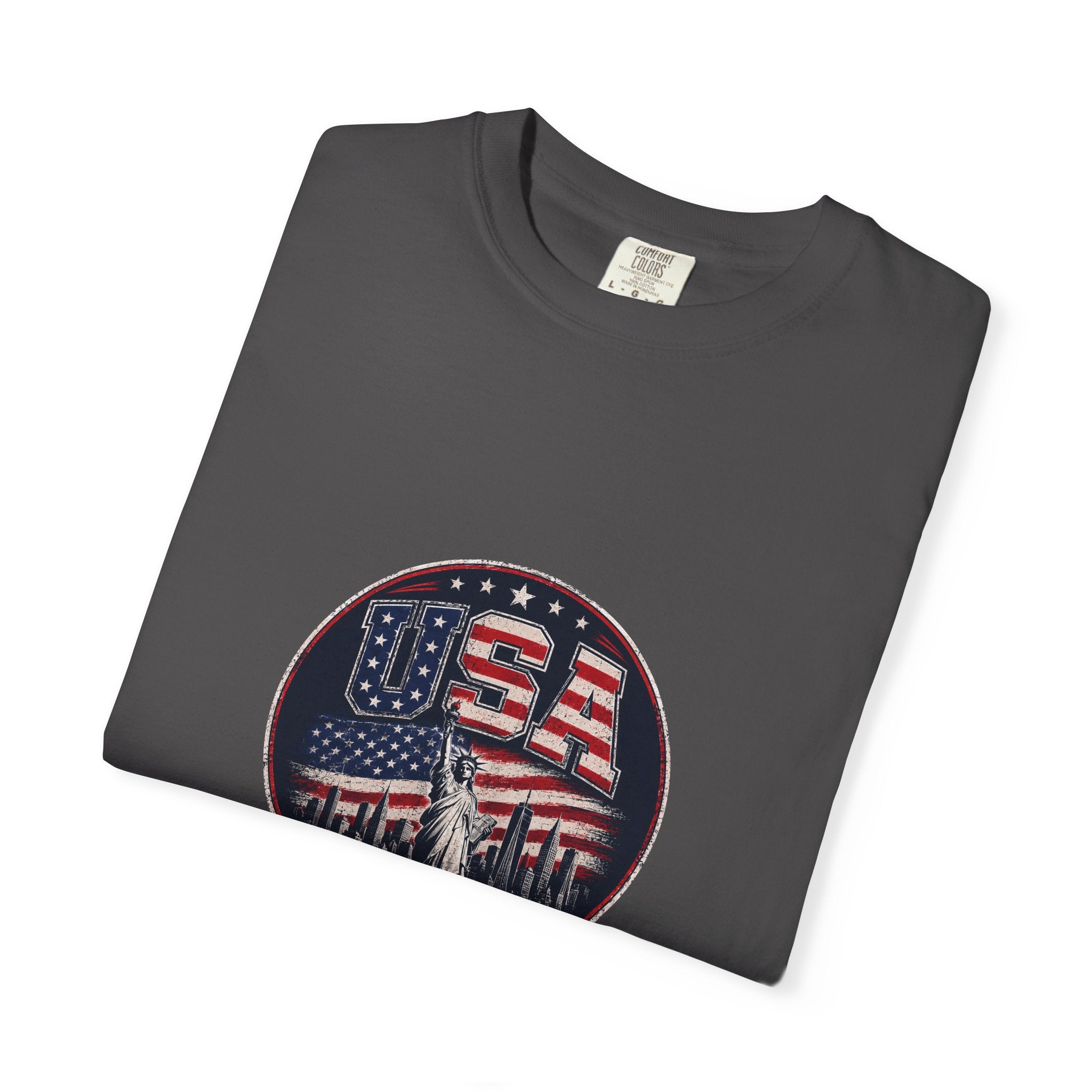 USA Skyline Flag T-Shirt — Patriotic Statue of Liberty Graphic Tee