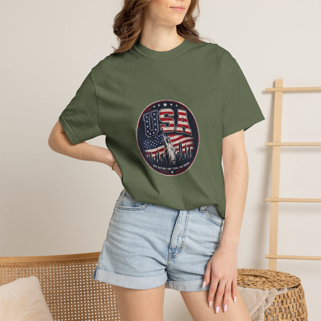 USA Skyline Flag T-Shirt — Patriotic Statue of Liberty Graphic Tee