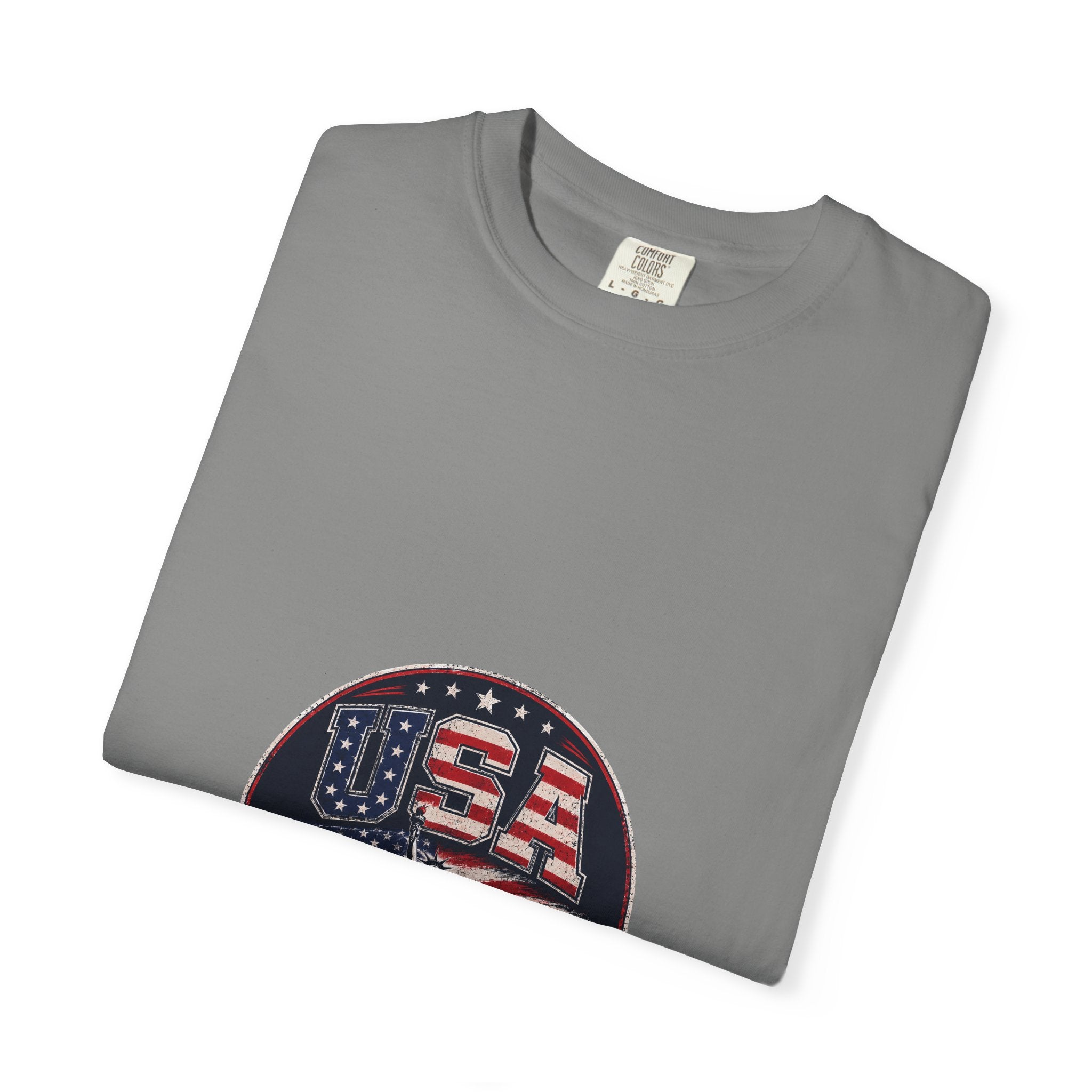USA Skyline Flag T-Shirt — Patriotic Statue of Liberty Graphic Tee