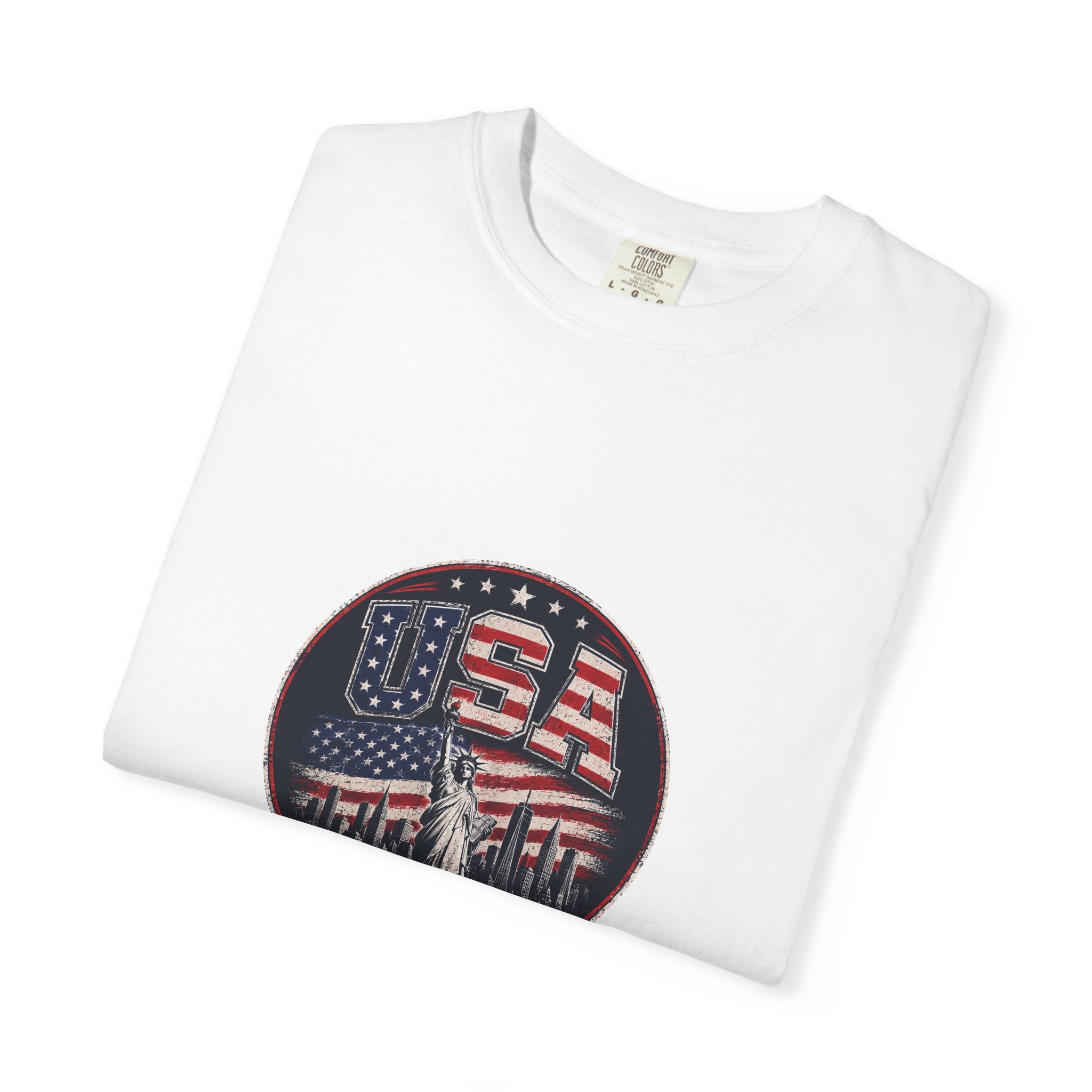 USA Skyline Flag T-Shirt — Patriotic Statue of Liberty Graphic Tee