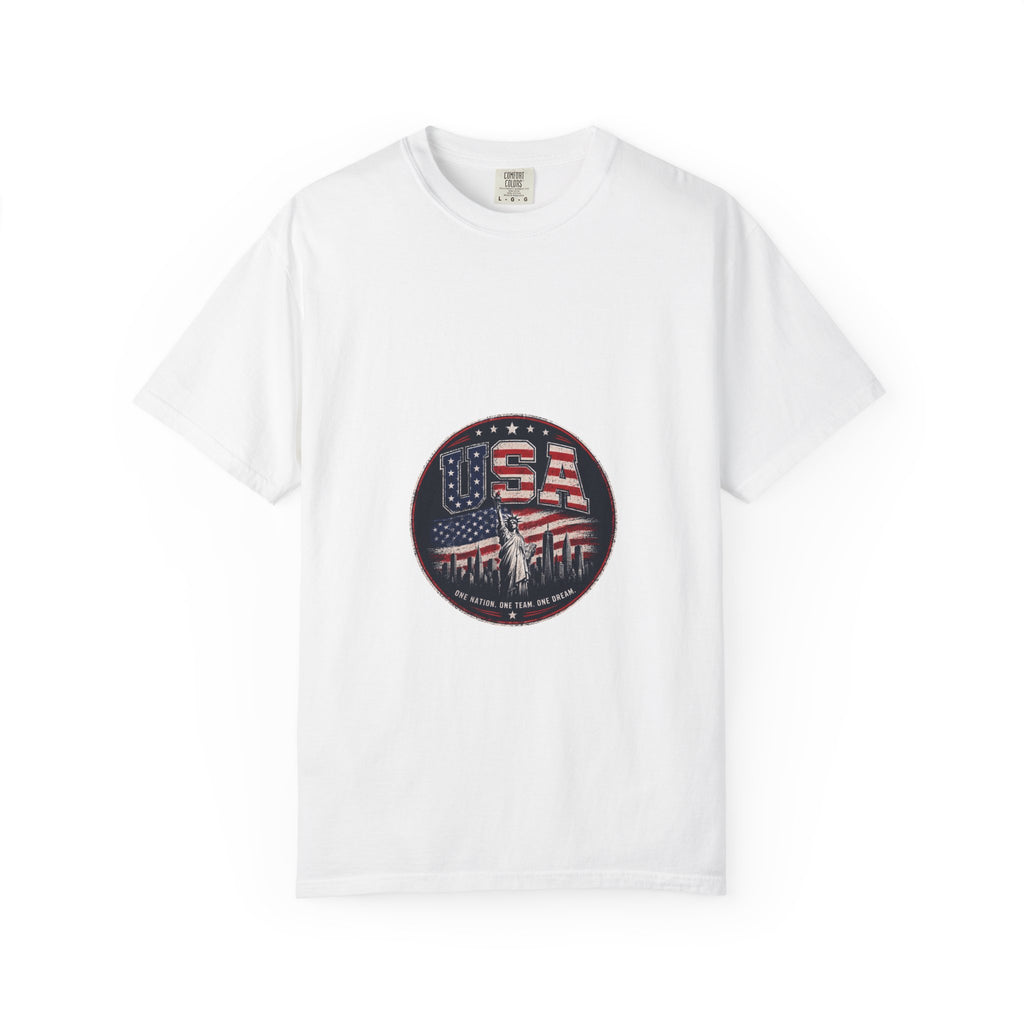 USA Skyline Flag T-Shirt — Patriotic Statue of Liberty Graphic Tee