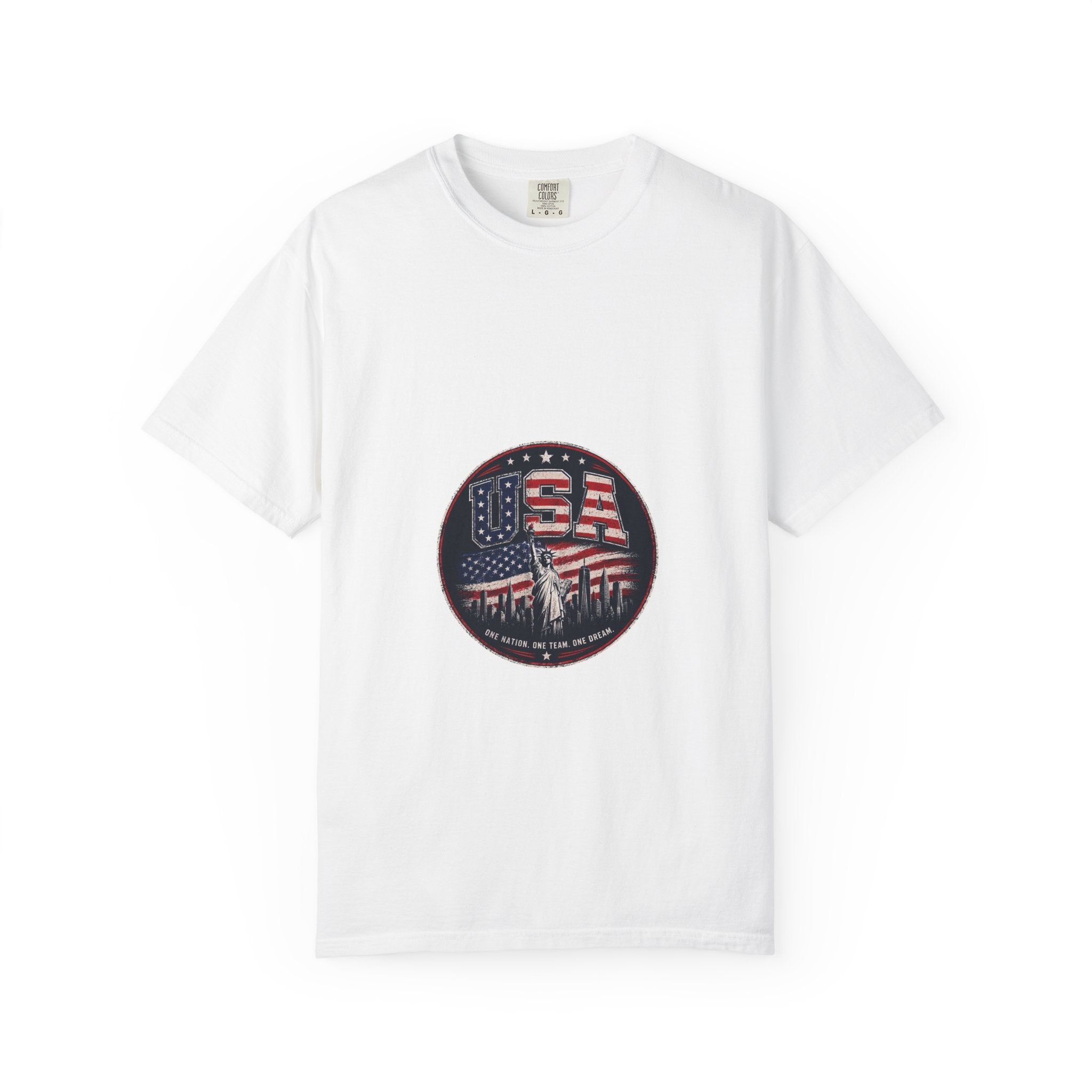 USA Skyline Flag T-Shirt — Patriotic Statue of Liberty Graphic Tee