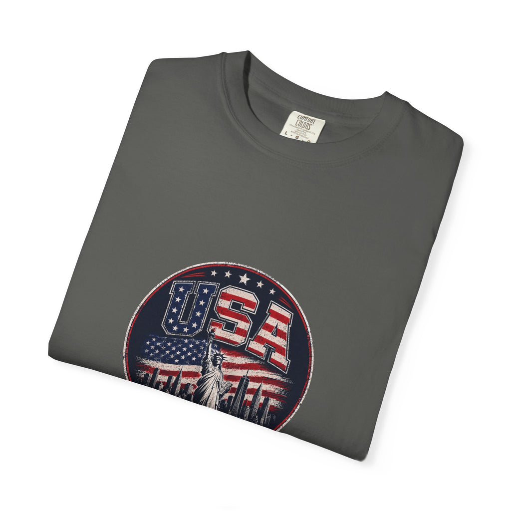 USA Skyline Flag T-Shirt — Patriotic Statue of Liberty Graphic Tee