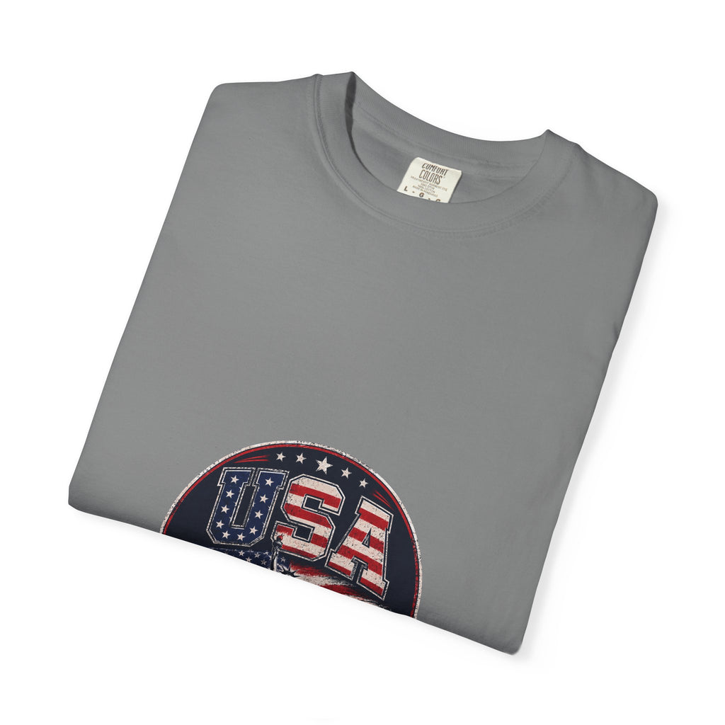 USA Skyline Flag T-Shirt — Patriotic Statue of Liberty Graphic Tee