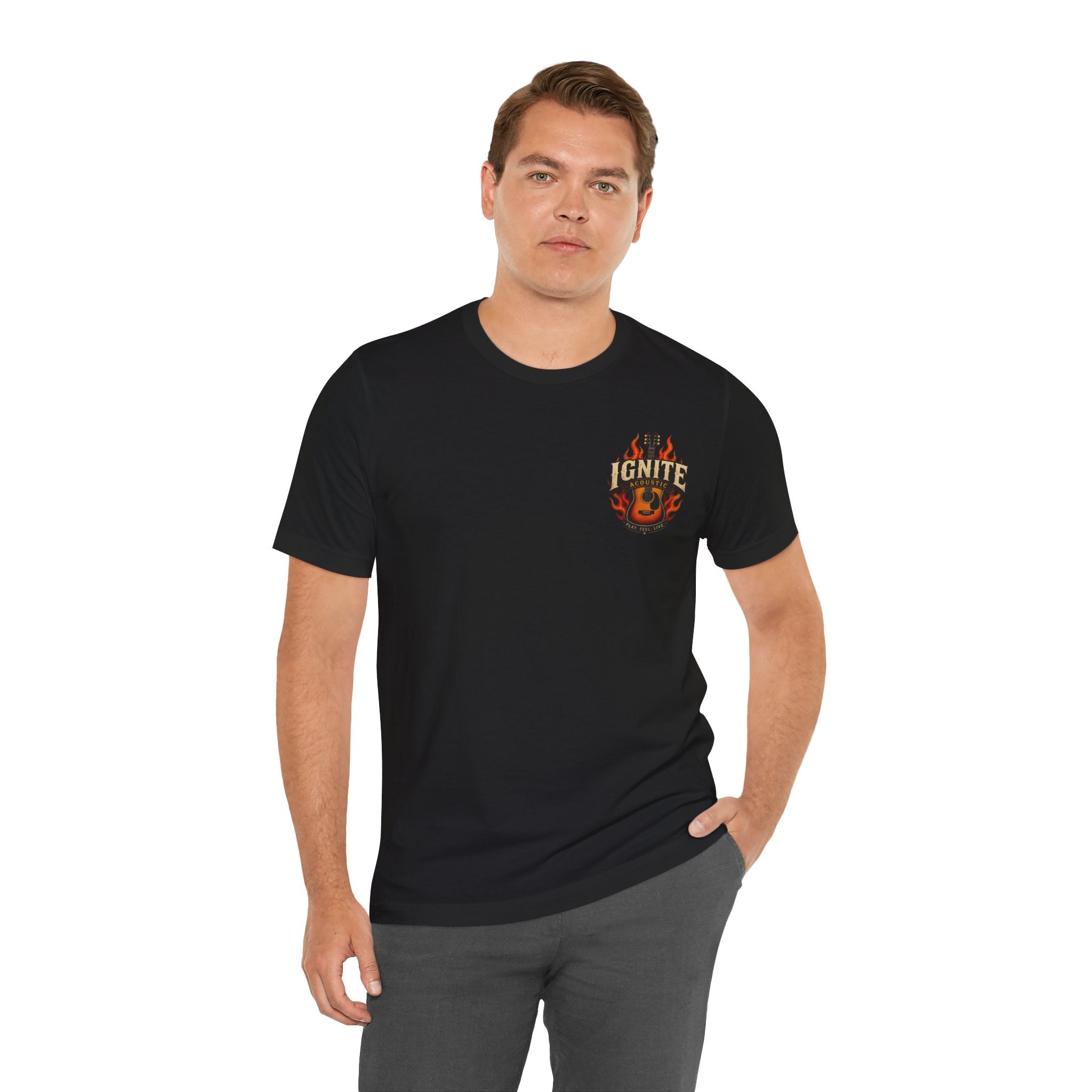 Guitar Coffee Chest Tee - Acoustic Guitar & Coffee Cup Pocket Graphic T-Shirt
