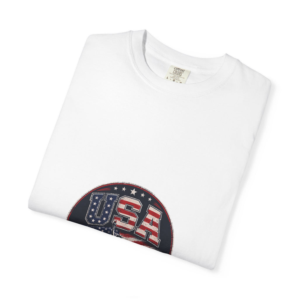 USA Skyline Flag T-Shirt — Patriotic Statue of Liberty Graphic Tee