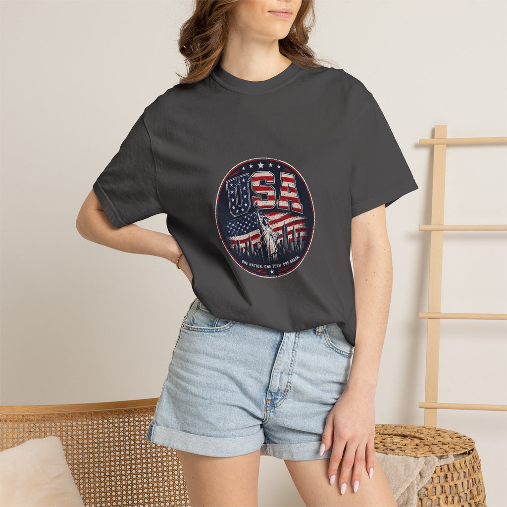 USA Skyline Flag T-Shirt — Patriotic Statue of Liberty Graphic Tee