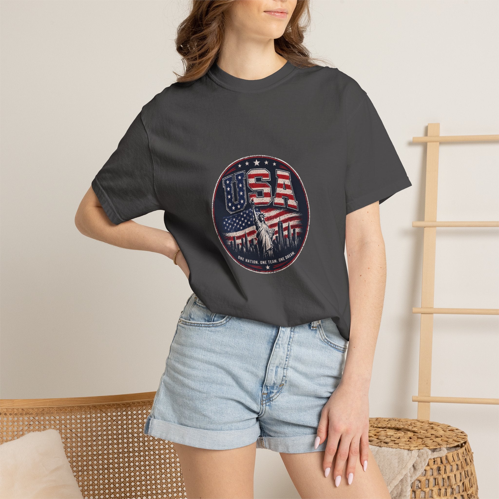 USA Skyline Flag T-Shirt — Patriotic Statue of Liberty Graphic Tee