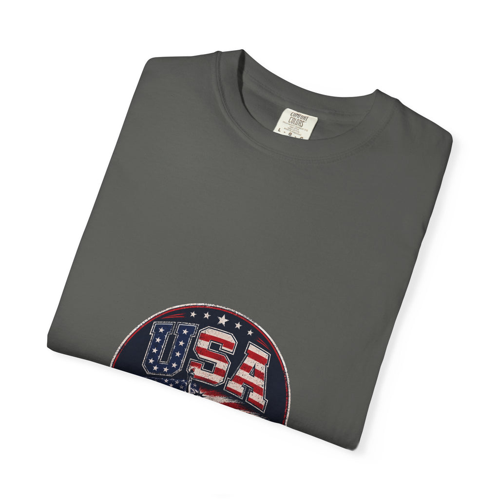 USA Skyline Flag T-Shirt — Patriotic Statue of Liberty Graphic Tee