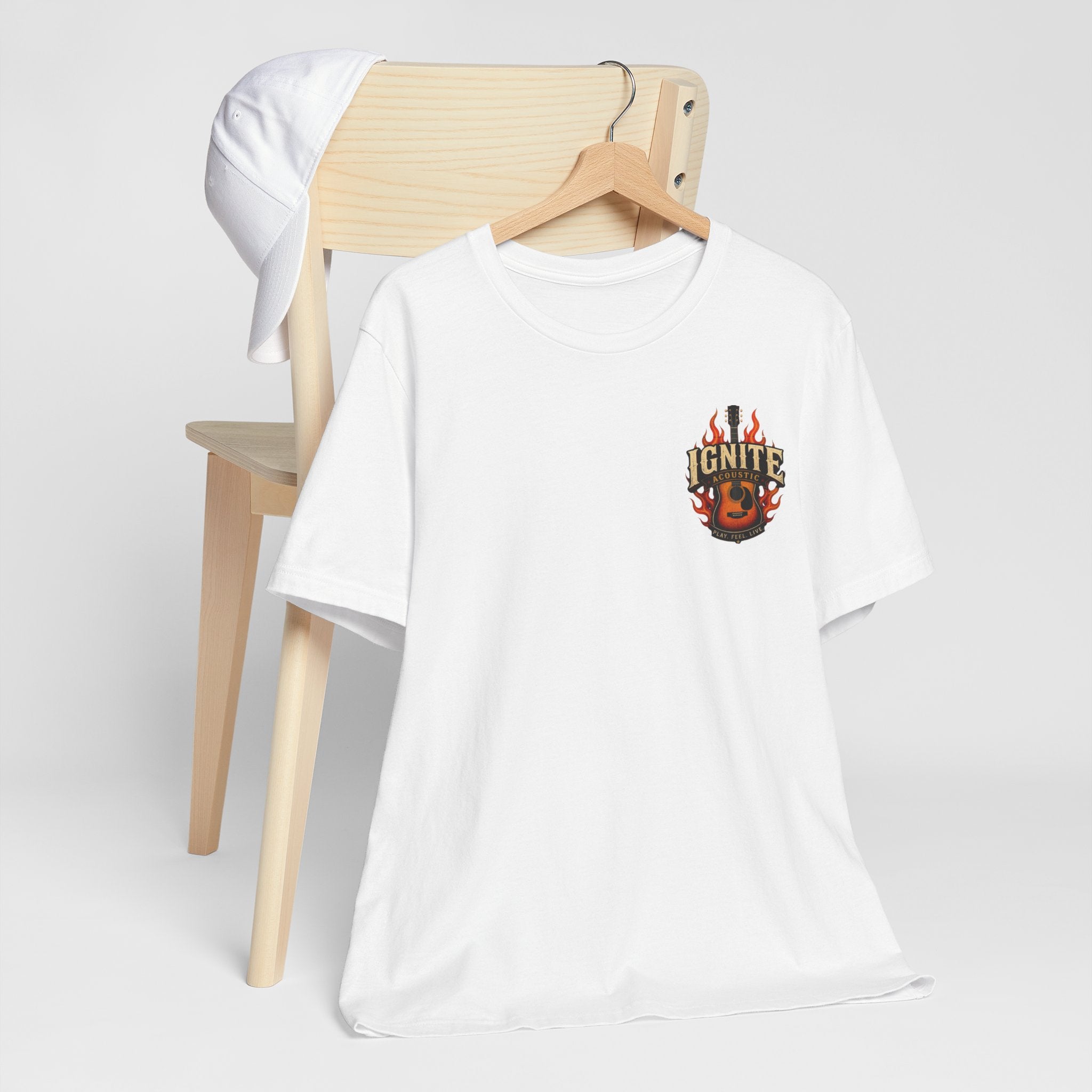 Guitar Coffee Chest Tee - Acoustic Guitar & Coffee Cup Pocket Graphic T-Shirt