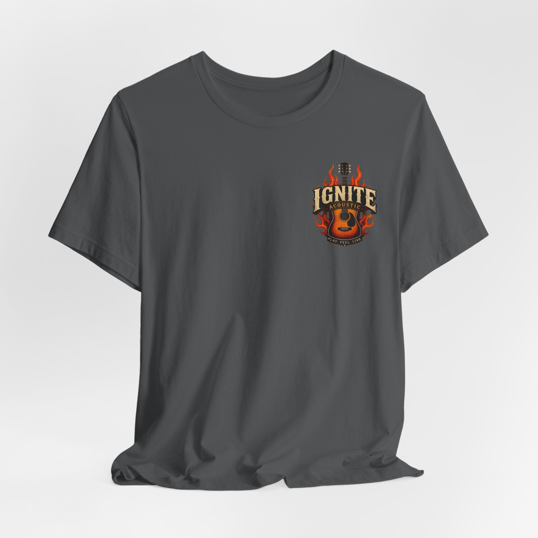 Guitar Coffee Chest Tee - Acoustic Guitar & Coffee Cup Pocket Graphic T-Shirt