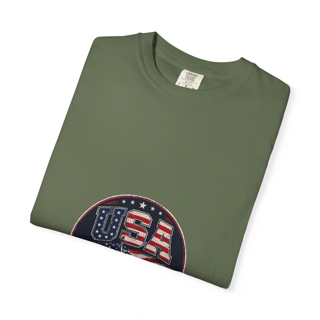 USA Skyline Flag T-Shirt — Patriotic Statue of Liberty Graphic Tee