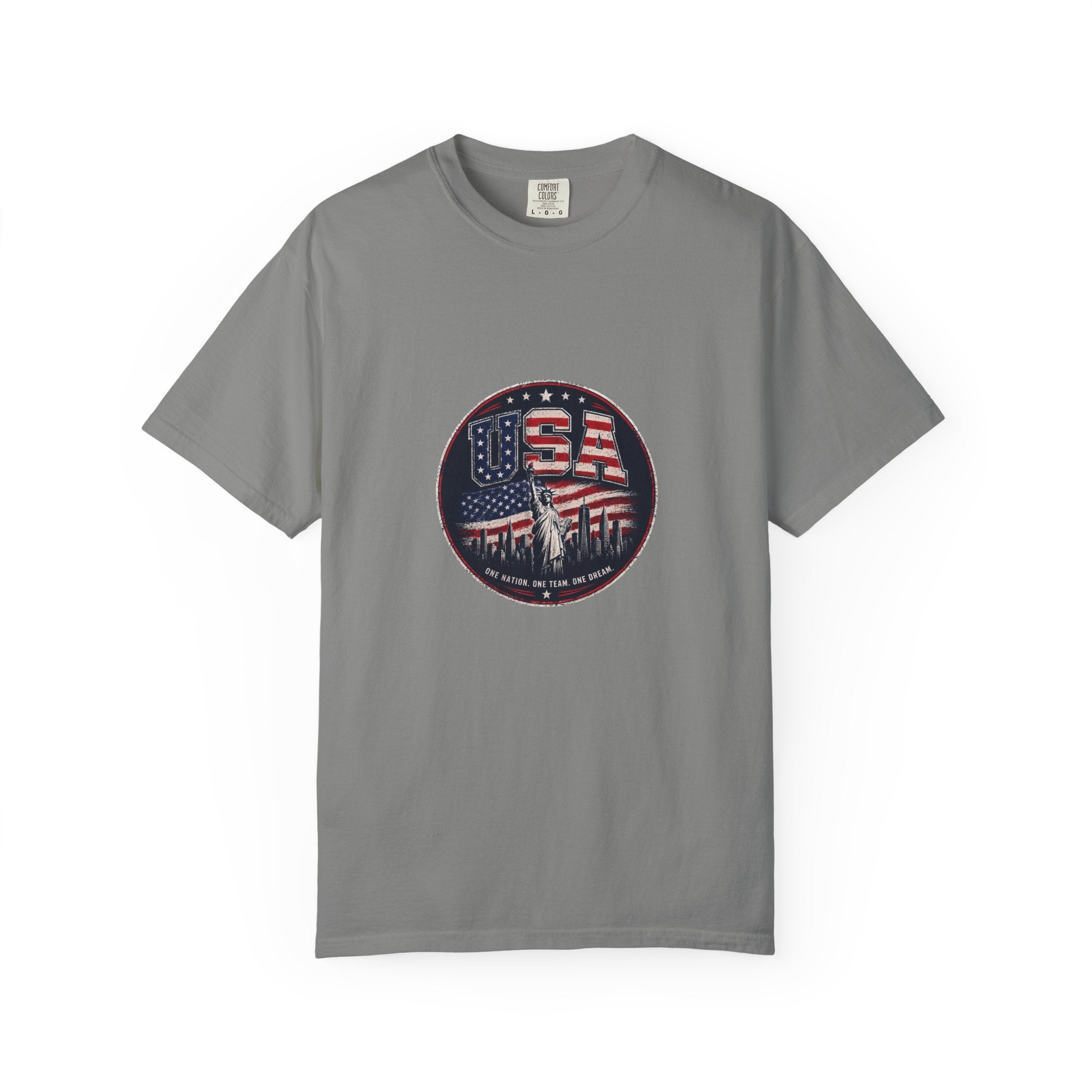 USA Skyline Flag T-Shirt — Patriotic Statue of Liberty Graphic Tee