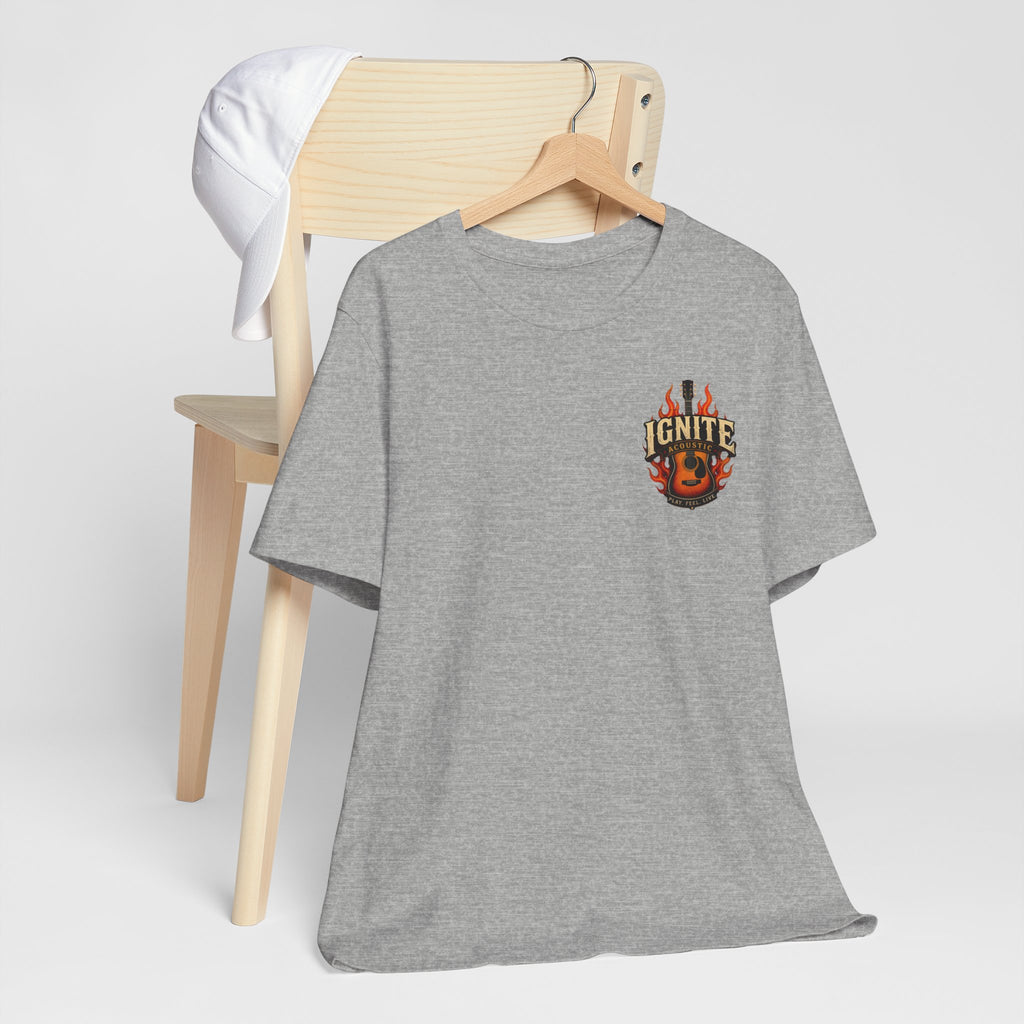 Guitar Coffee Chest Tee - Acoustic Guitar & Coffee Cup Pocket Graphic T-Shirt