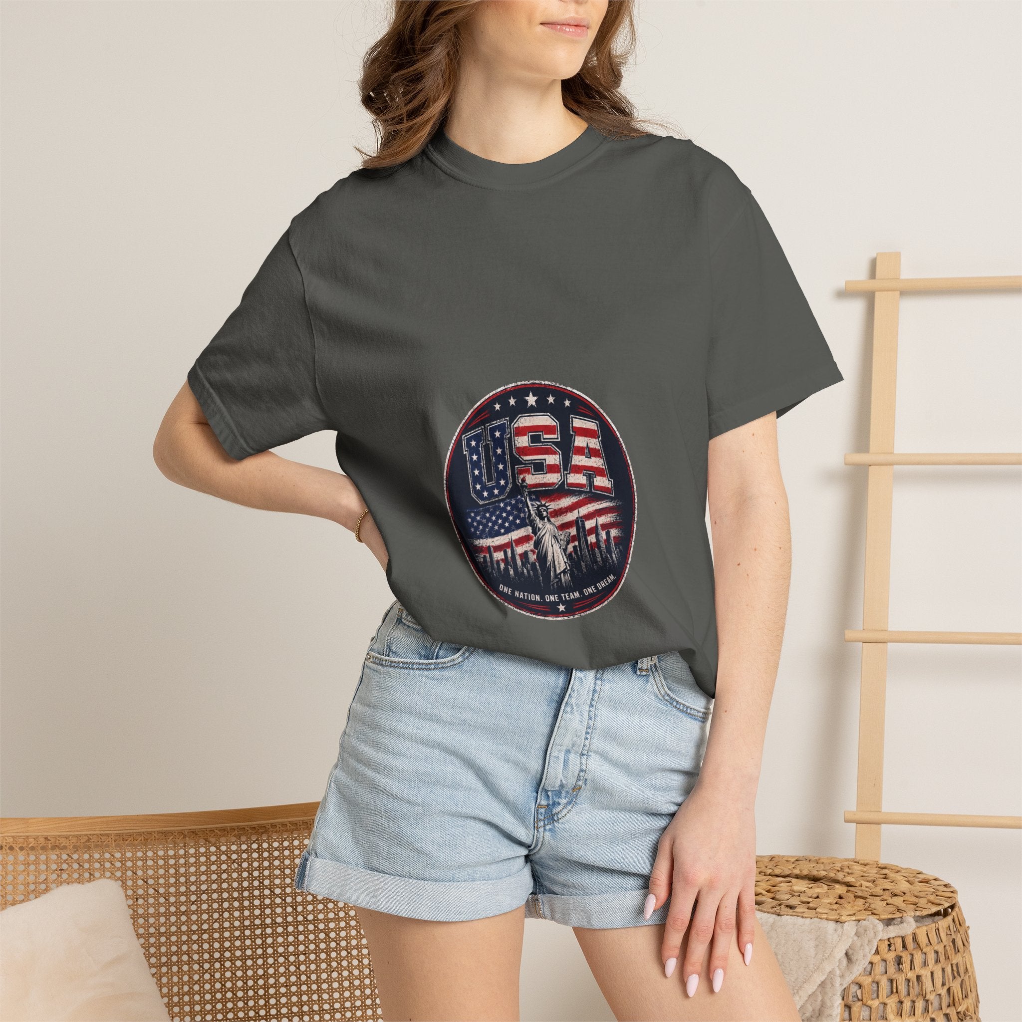 USA Skyline Flag T-Shirt — Patriotic Statue of Liberty Graphic Tee