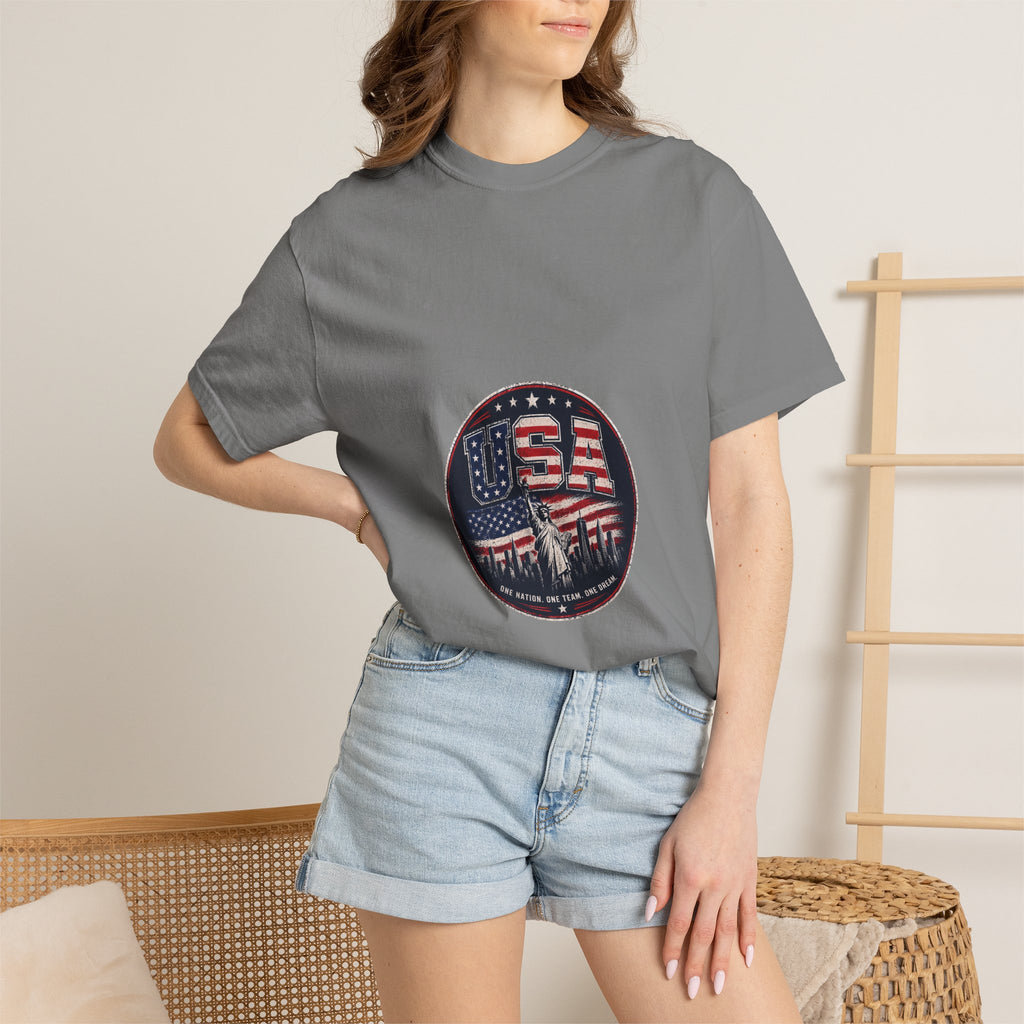 USA Skyline Flag T-Shirt — Patriotic Statue of Liberty Graphic Tee