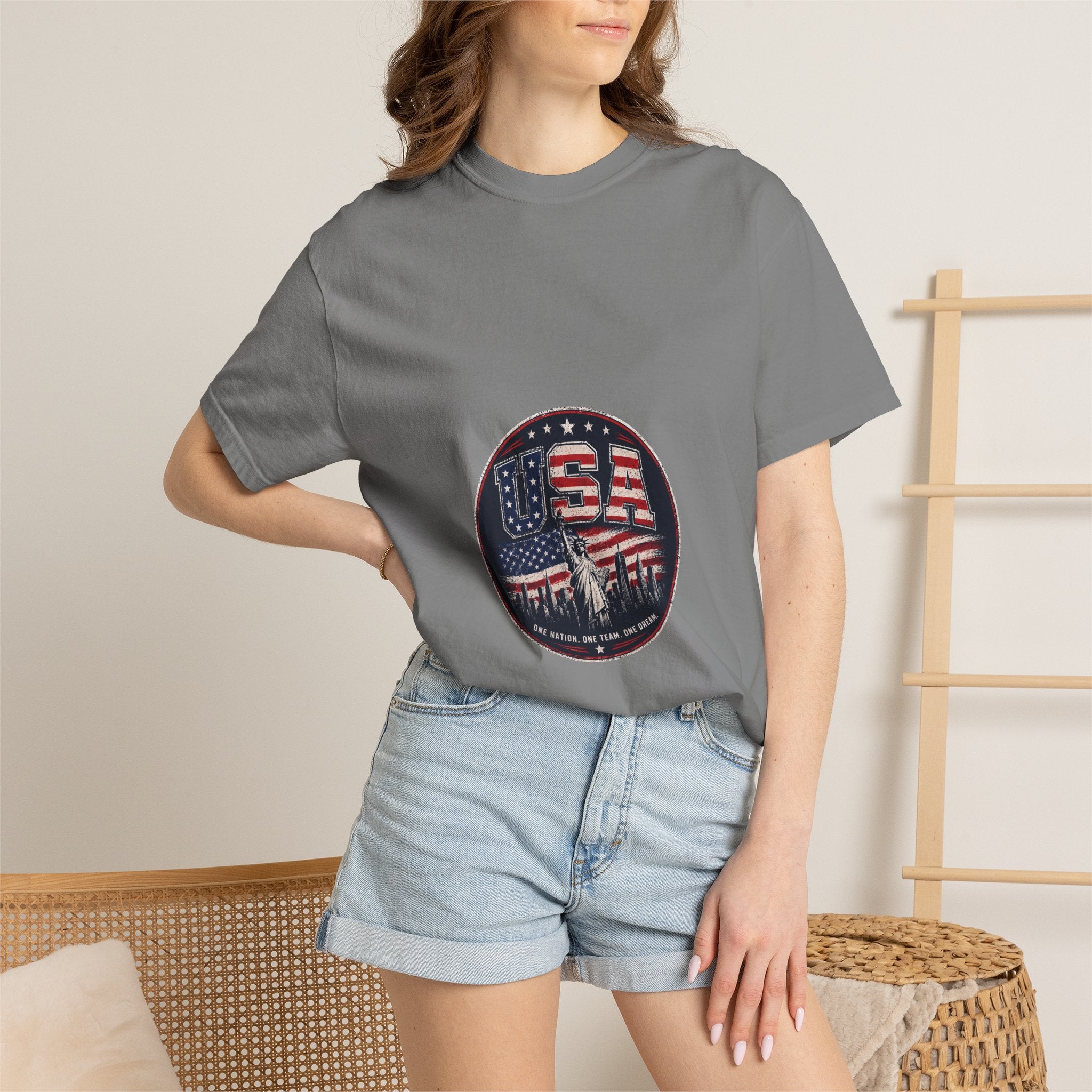 USA Skyline Flag T-Shirt — Patriotic Statue of Liberty Graphic Tee