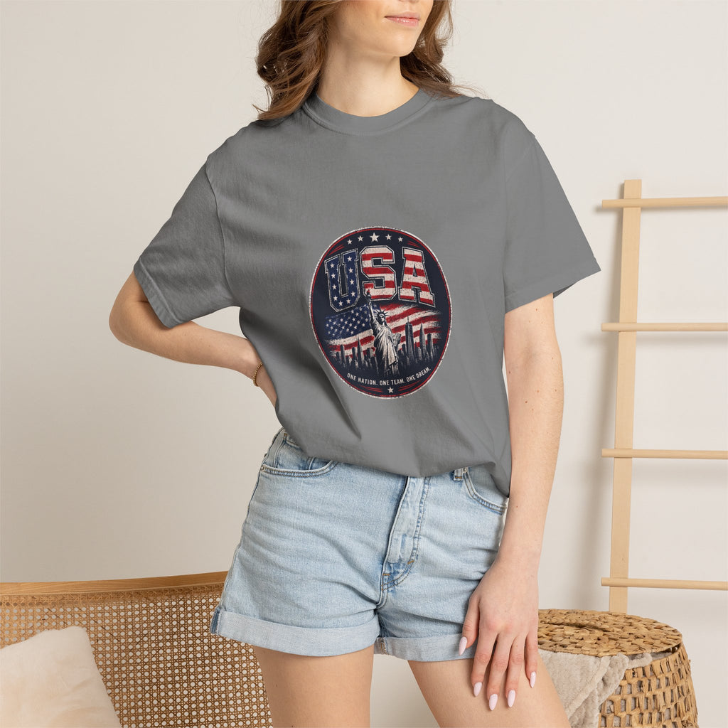 USA Skyline Flag T-Shirt — Patriotic Statue of Liberty Graphic Tee