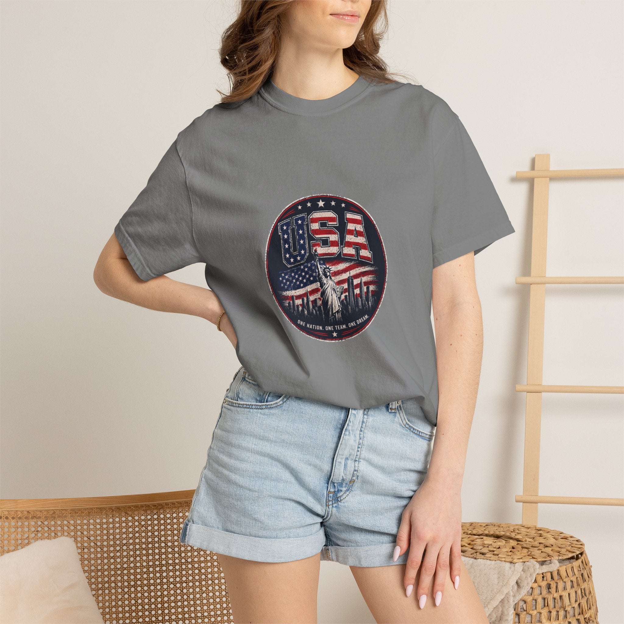 USA Skyline Flag T-Shirt — Patriotic Statue of Liberty Graphic Tee