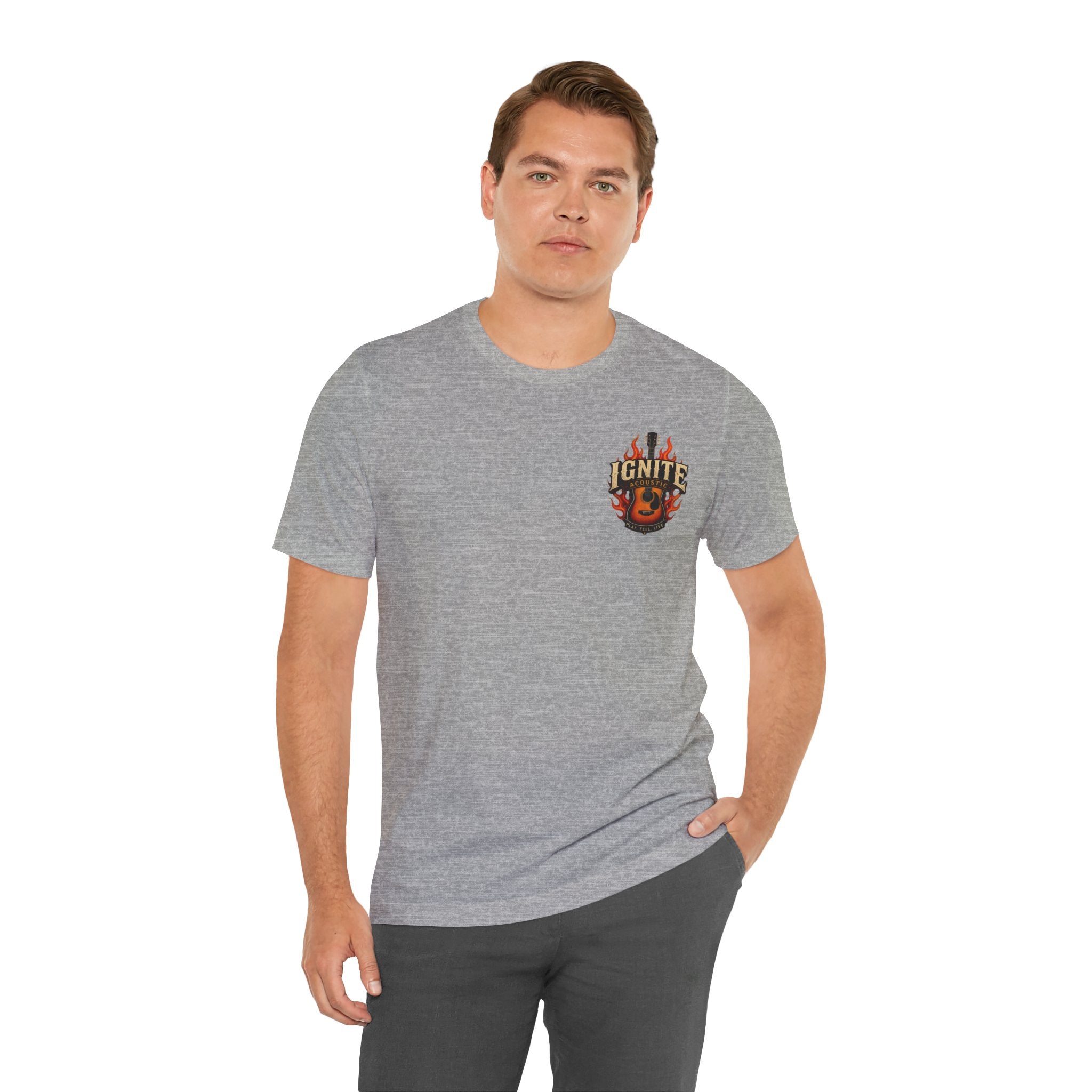 Guitar Coffee Chest Tee - Acoustic Guitar & Coffee Cup Pocket Graphic T-Shirt
