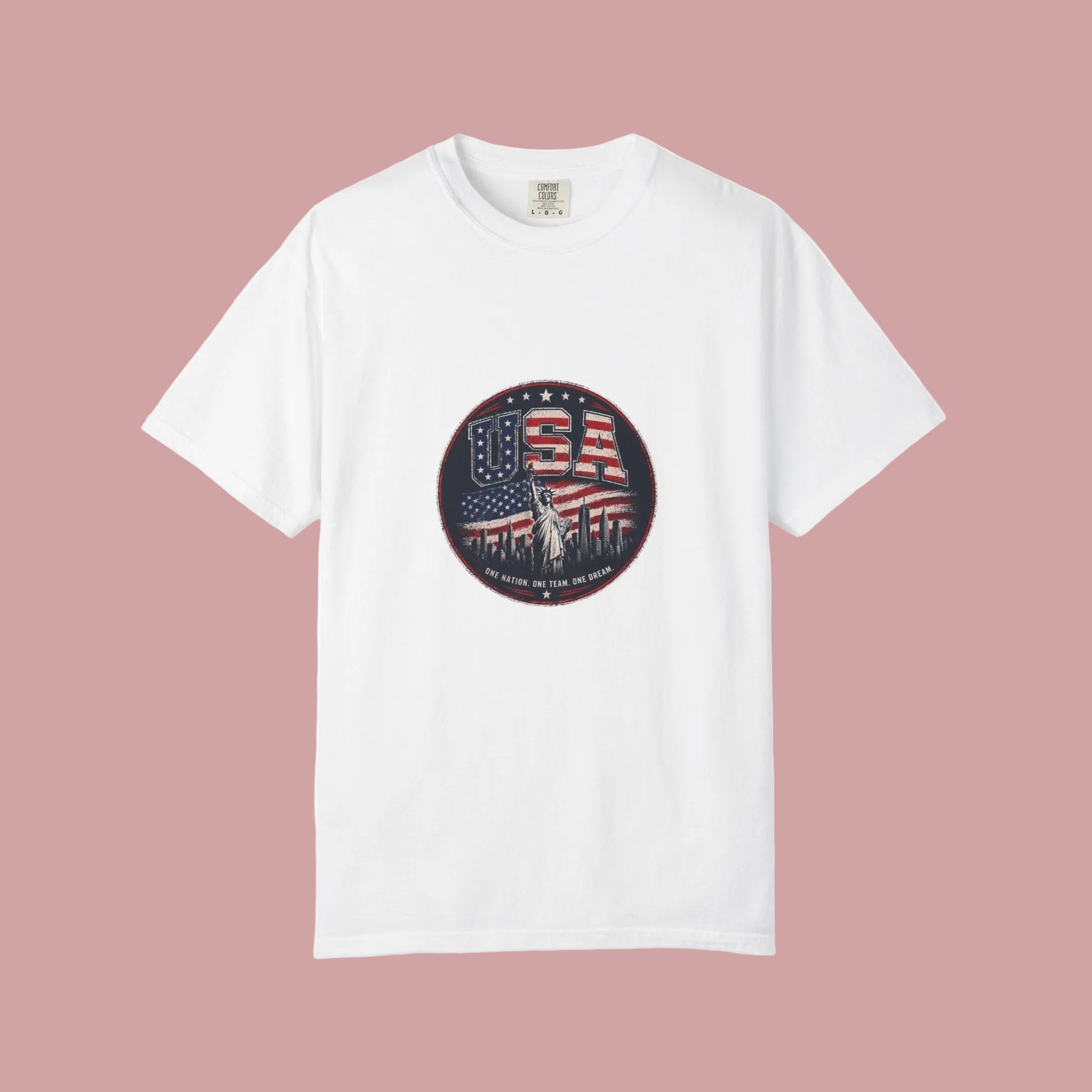 USA Skyline Flag T-Shirt — Patriotic Statue of Liberty Graphic Tee