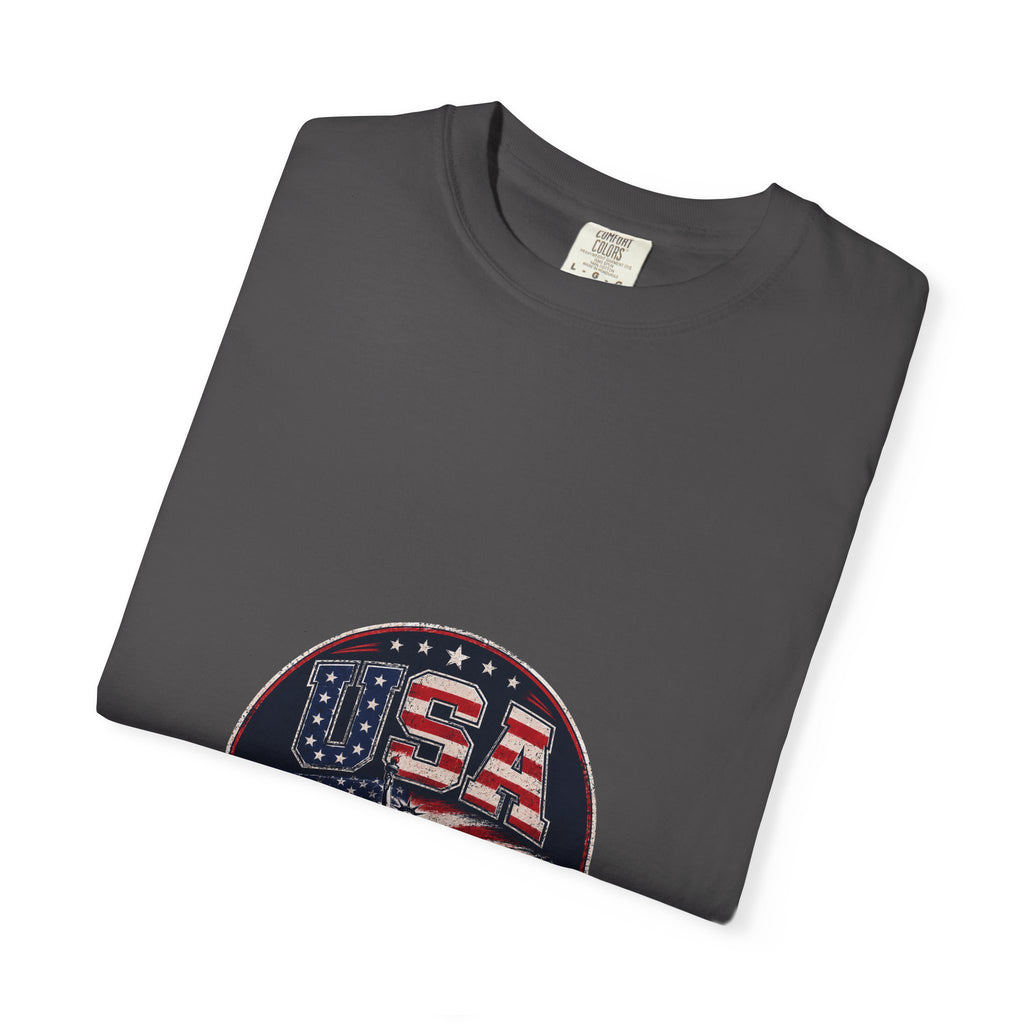USA Skyline Flag T-Shirt — Patriotic Statue of Liberty Graphic Tee