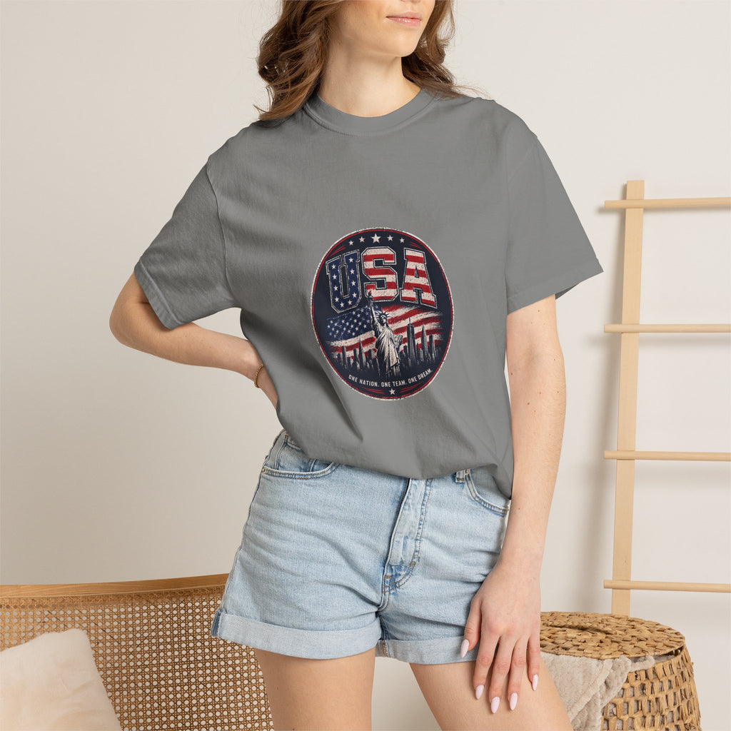 USA Skyline Flag T-Shirt — Patriotic Statue of Liberty Graphic Tee