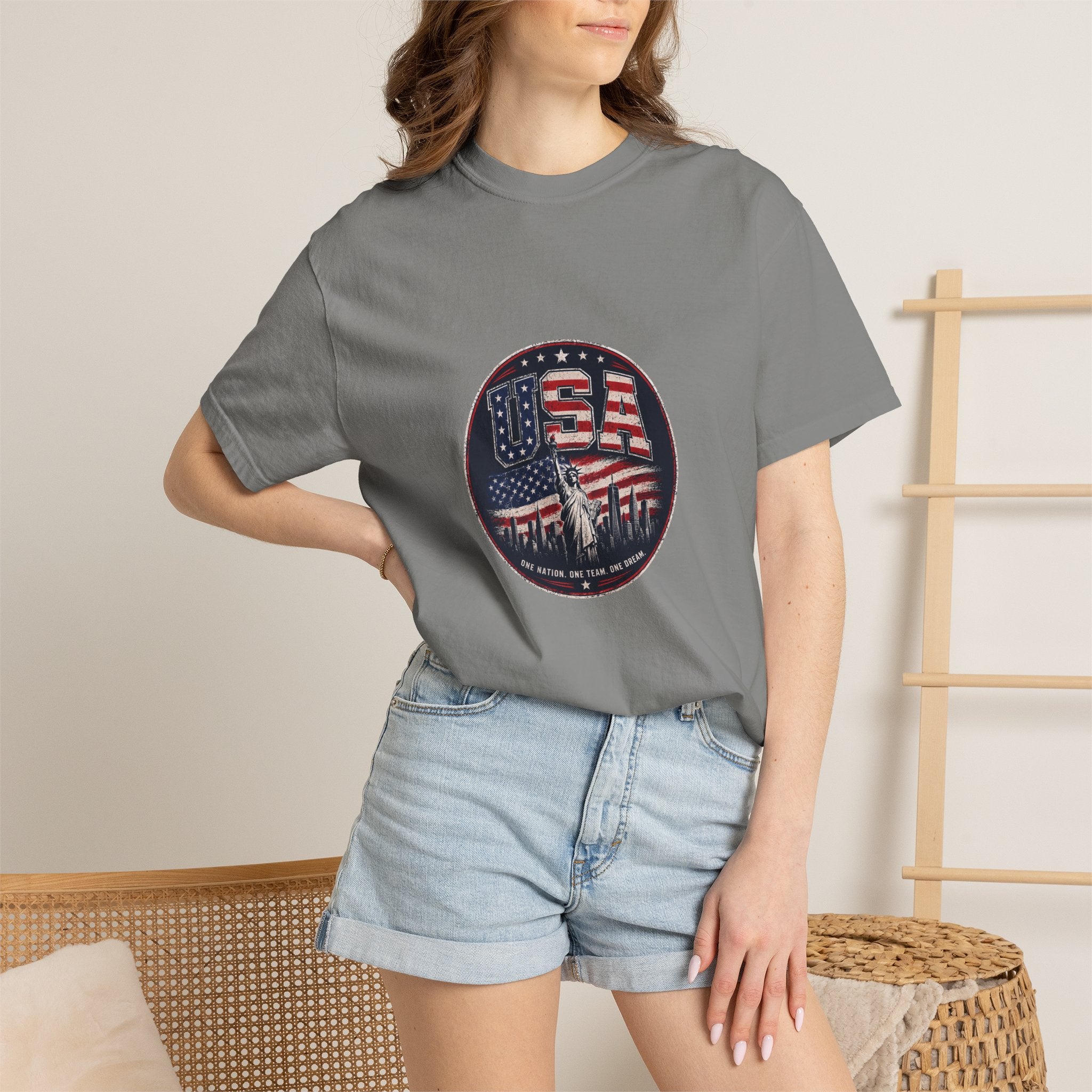 USA Skyline Flag T-Shirt — Patriotic Statue of Liberty Graphic Tee