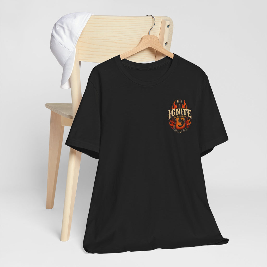Guitar Coffee Chest Tee - Acoustic Guitar & Coffee Cup Pocket Graphic T-Shirt