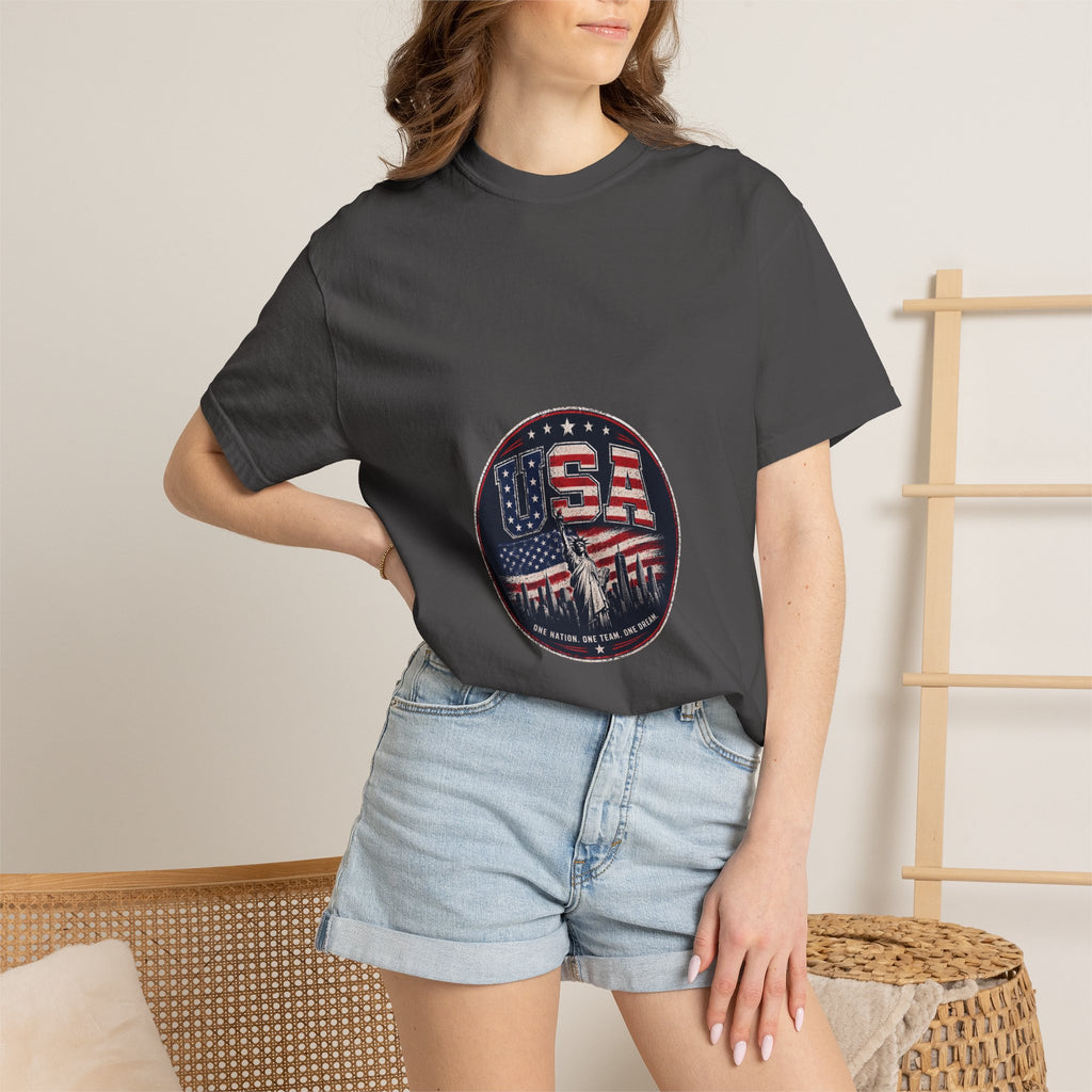 USA Skyline Flag T-Shirt — Patriotic Statue of Liberty Graphic Tee