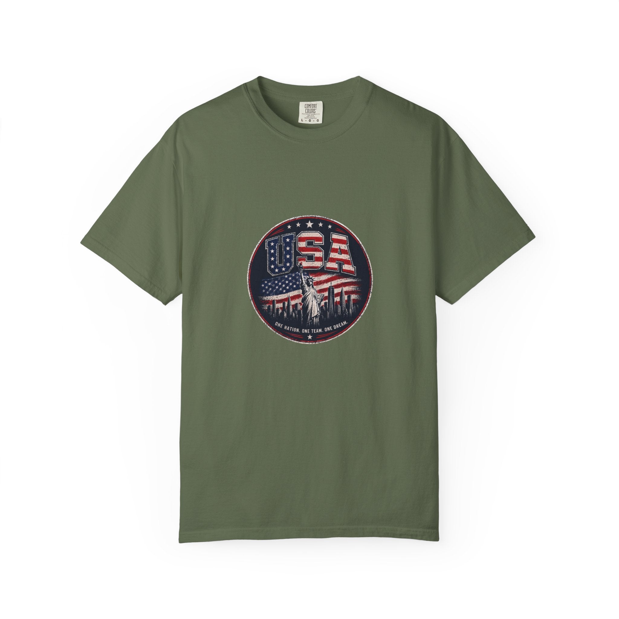 USA Skyline Flag T-Shirt — Patriotic Statue of Liberty Graphic Tee