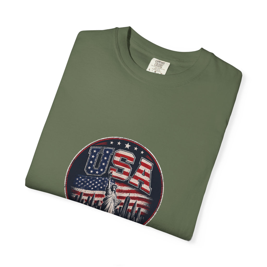 USA Skyline Flag T-Shirt — Patriotic Statue of Liberty Graphic Tee