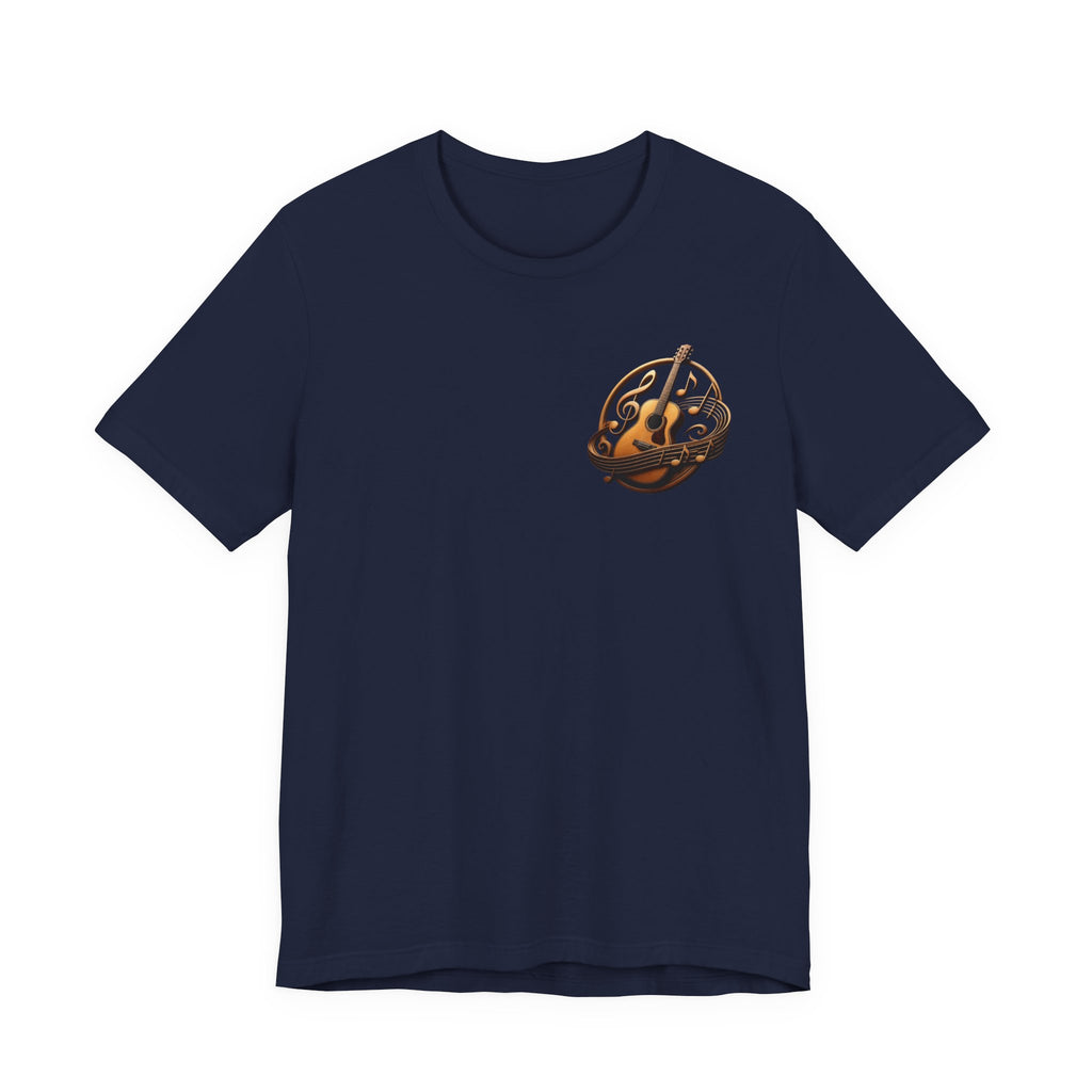 Guitar Coffee Chest Tee - Acoustic Guitar & Coffee Cup Pocket Graphic T-Shirt